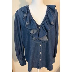 Ralph Lauren Denim Chambray Ruffle Blouse Women's Button Front Long Sleeve Sz M